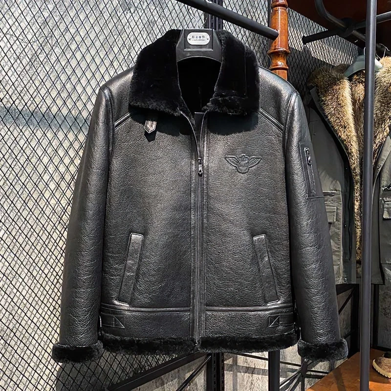 2023原生态皮毛一体男机车绵羊毛皮毛一体男士夹克翻领黑色时尚