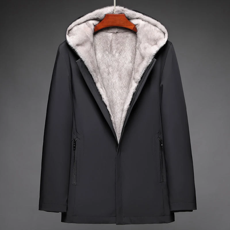 水貂派克服男貂内胆整貂银蓝貂冬外套加厚连帽中年貂皮皮衣