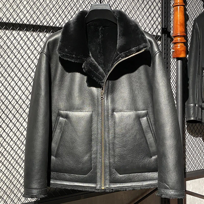 原生态绵羊毛皮毛一体秋冬皮草大衣男士机车夹克真皮男装飞行服款