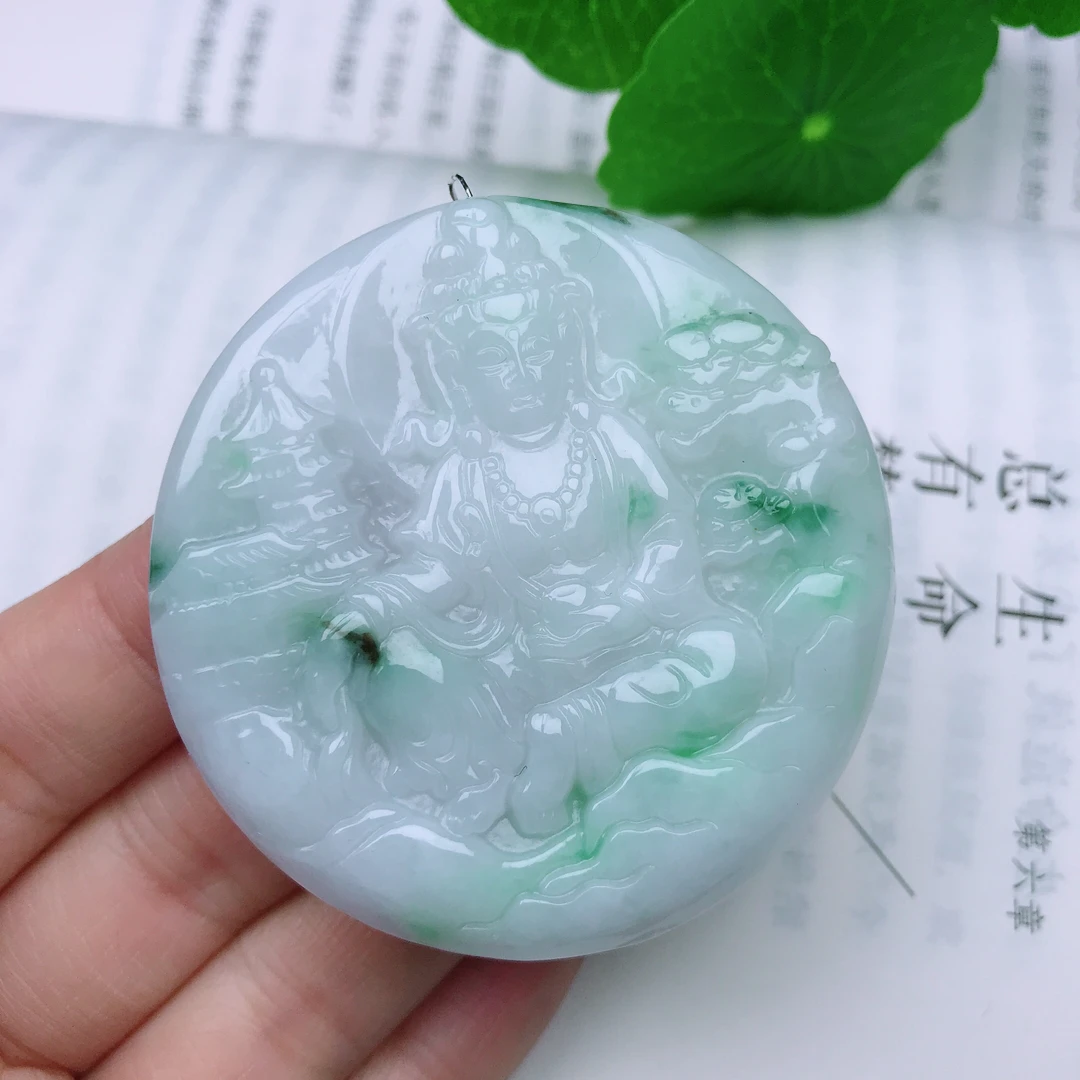 天然翡翠A货冰润飘花山水观音吊坠