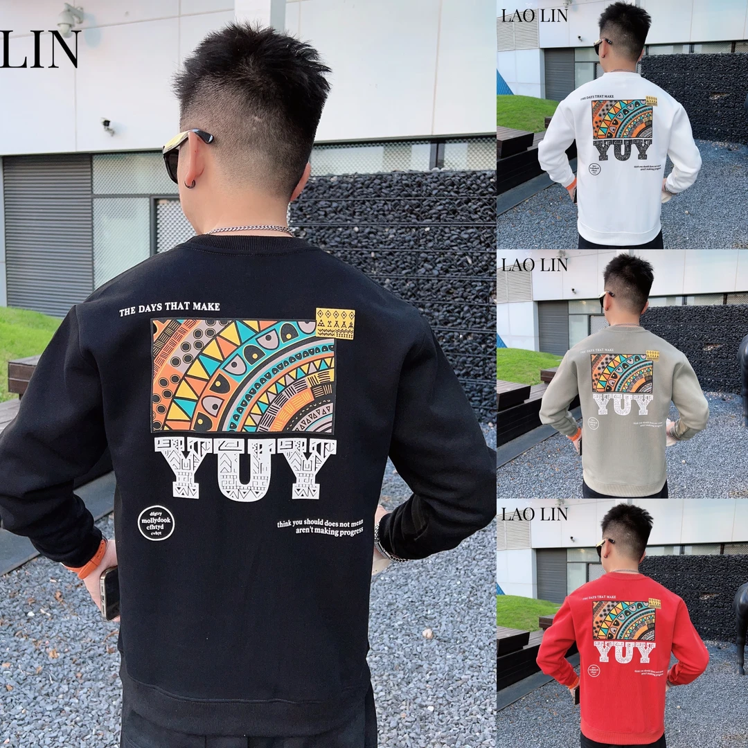 潮牌圆领卫衣男秋冬新款重磅圆领长袖发泡印花情侣款高端打底衫男