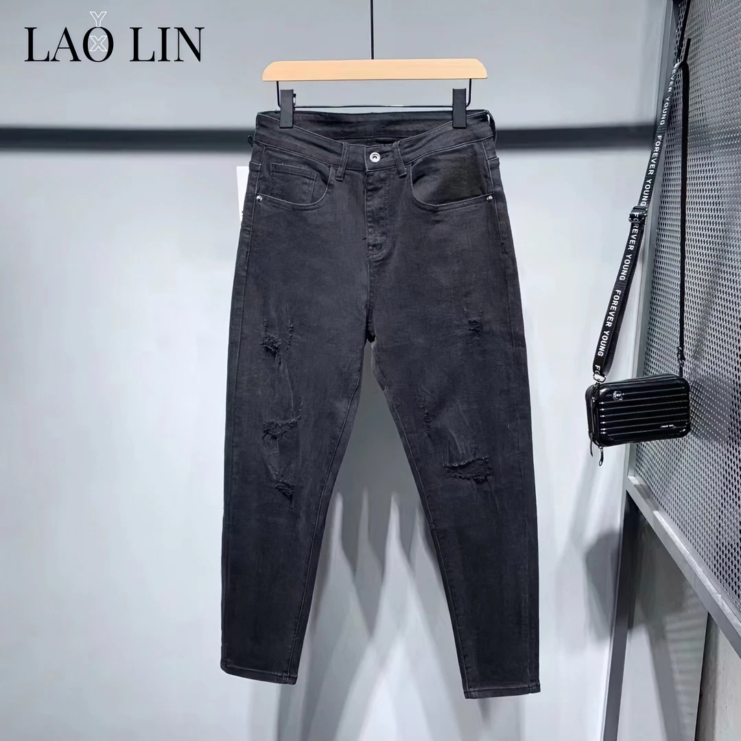 潮流牛仔裤男士水洗牛仔裤小腿修身直筒流行高弹哈伦修身小腿直筒