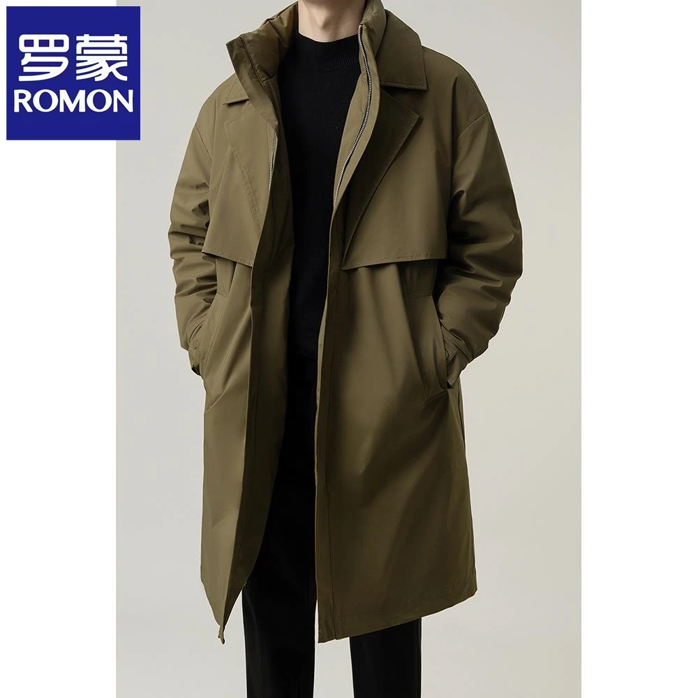罗蒙专柜冬季韩版男士轻熟风男装休闲宽松立领轻薄中长款大衣外套