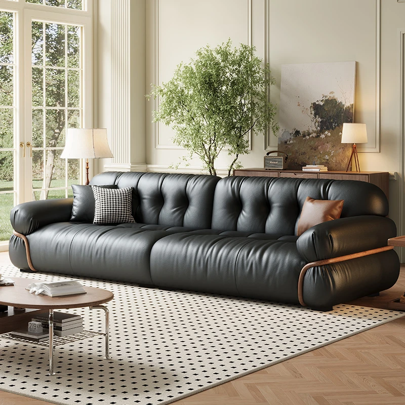 黑糖云朵真皮沙发客厅直排意式轻奢小户型法式复古黑色2024年新款