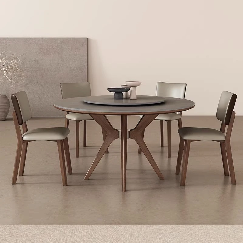 实木圆形家用小户型现代简约轻奢岩板餐桌圆桌带转盘饭桌北欧