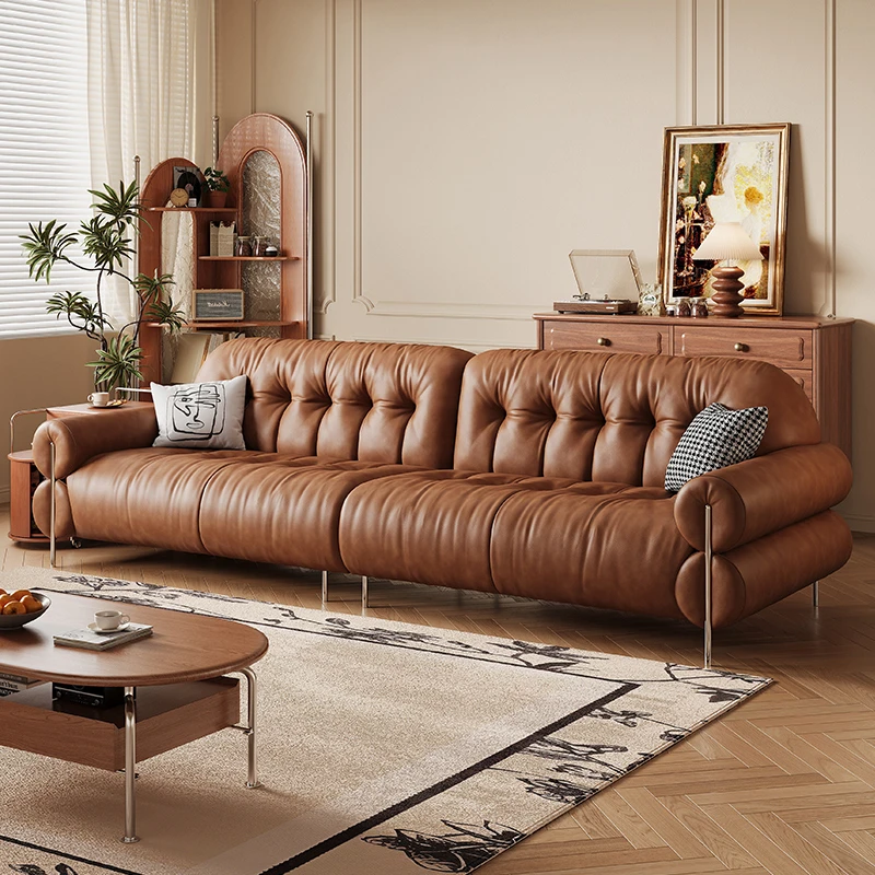 法式复古风高脚云朵沙发小户型客厅真皮沙发直排沙发北欧别墅沙发