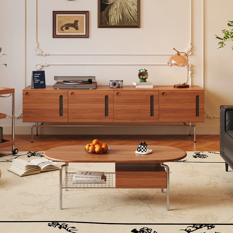 原木岩板圆形茶几小户型阳台电视柜北欧可移动玻璃边几茶桌椅组合