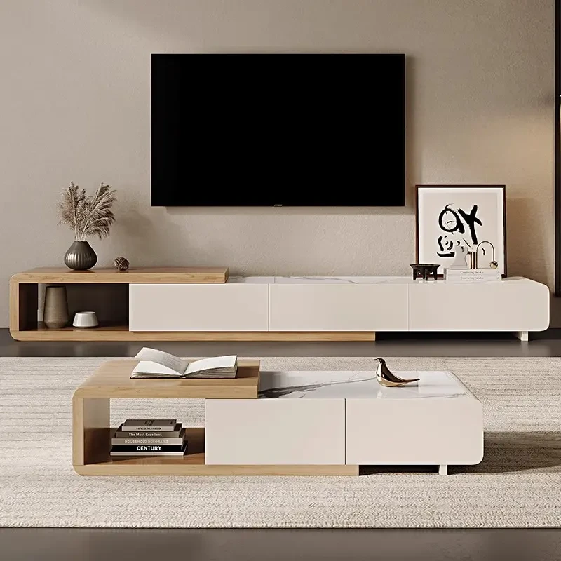 新款岩板茶几电视柜组合可伸缩原木色奶油风现代简约家用小户型