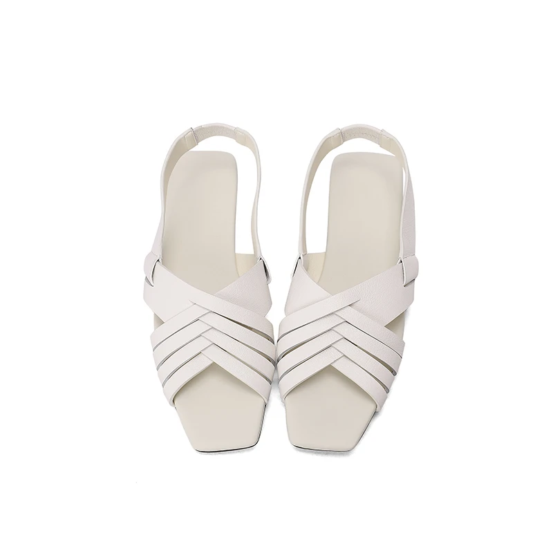 新款真皮方头交叉时尚平底凉鞋