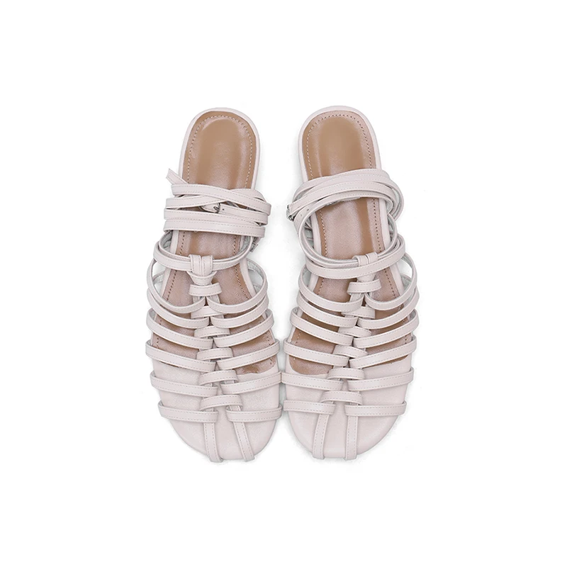 复古风编织镂空脚腕绑带真皮凉鞋