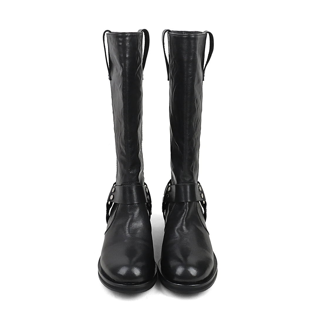 纯手工水洗做旧休闲百搭皮带扣中筒骑士靴