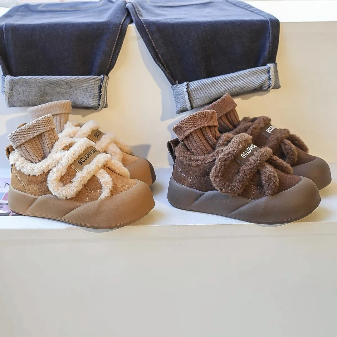 儿童加绒棉鞋2024冬季新款男童加绒加厚毛毛鞋女童美拉德宝宝鞋子