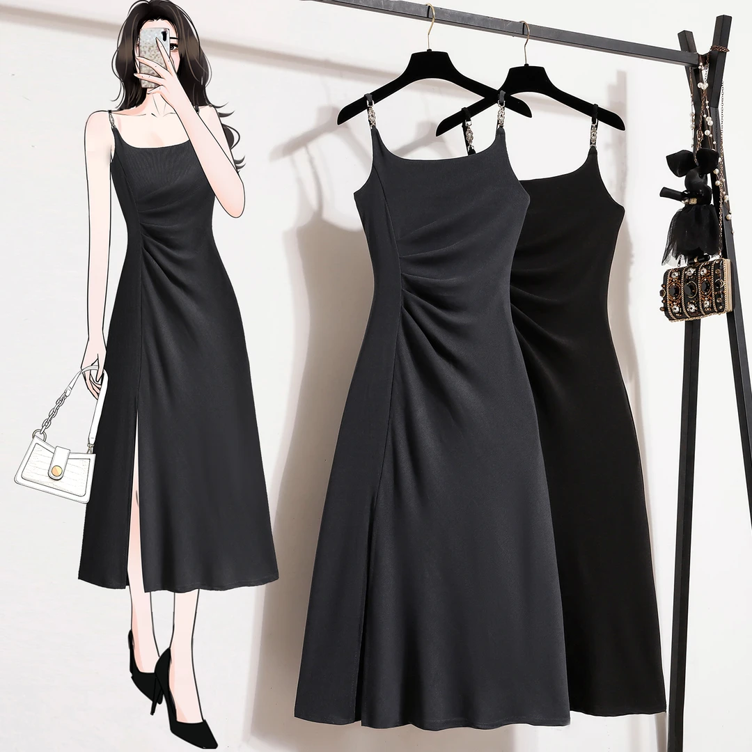 大码女装胖MM夏季新款气质高级感褶皱开叉高腰显瘦遮肚吊带连衣裙