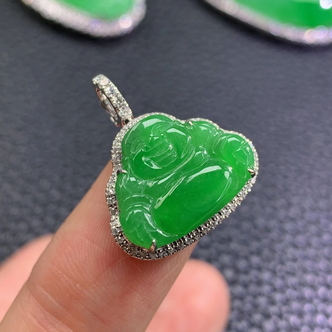 天然A货缅甸翡翠冰种满绿弥勒佛镶嵌18k金吊坠气质精美