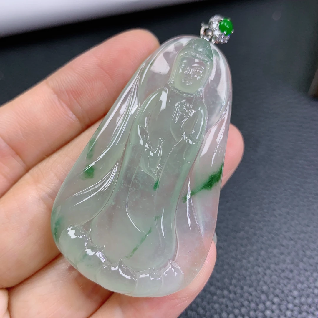 天然缅甸A货翡翠冰种起胶飘花观音镶18k金伴钻吊坠冰透