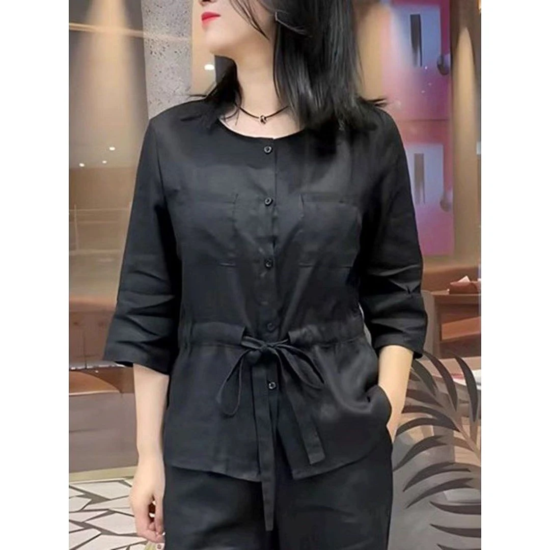 高级感轻奢黑色系带收腰上衣2024秋季新款百搭遮肉显瘦开衫女7935
