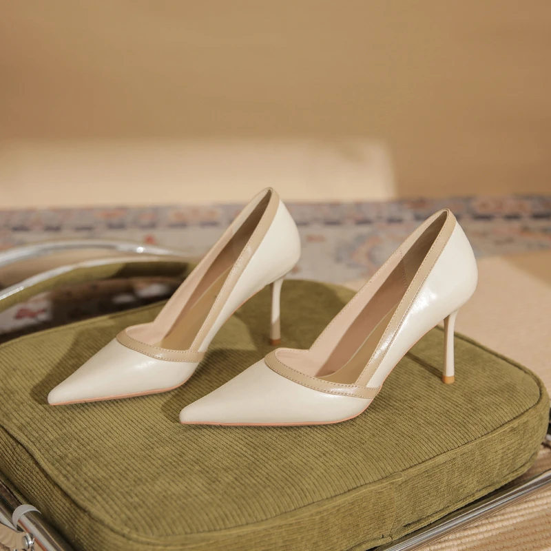 【羊皮】高跟鞋女细跟2024年春季新款尖头浅口气质通勤单鞋白色时尚
