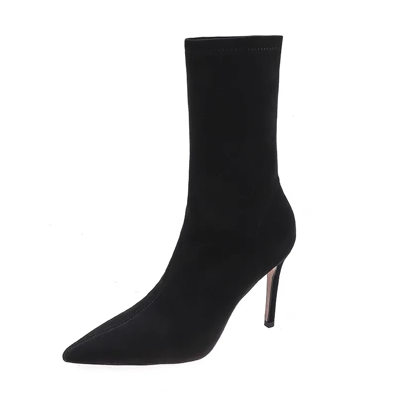 显瘦秋冬新款黑色高跟短靴女弹力瘦瘦靴细跟尖头百搭中筒靴子袜靴