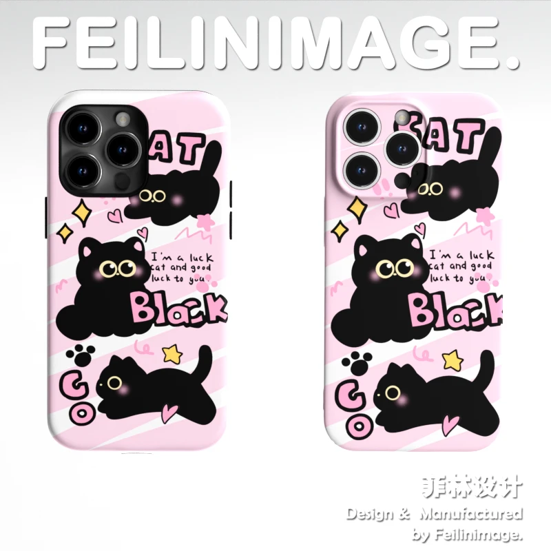 CAT英文粉底小黑猫适用于苹果14promax手机壳时尚菲林二合一
