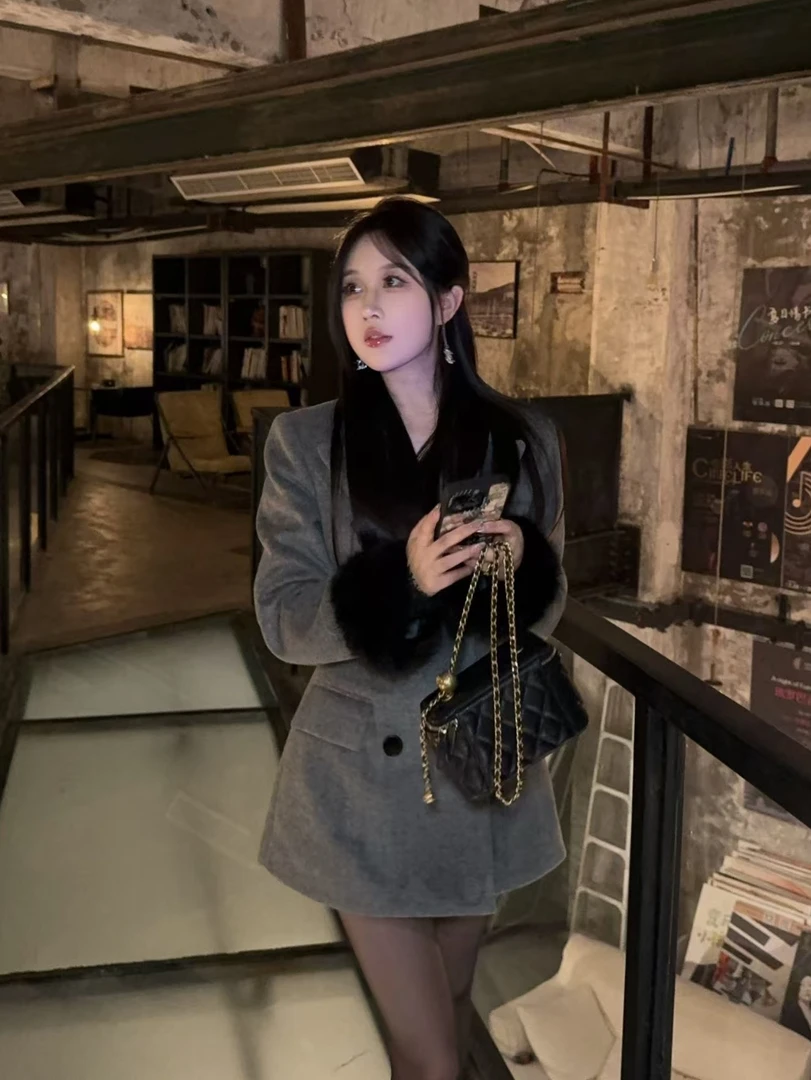 陈江铃小个子自制富家千金西装毛呢外套收腰中长款毛领气质大衣