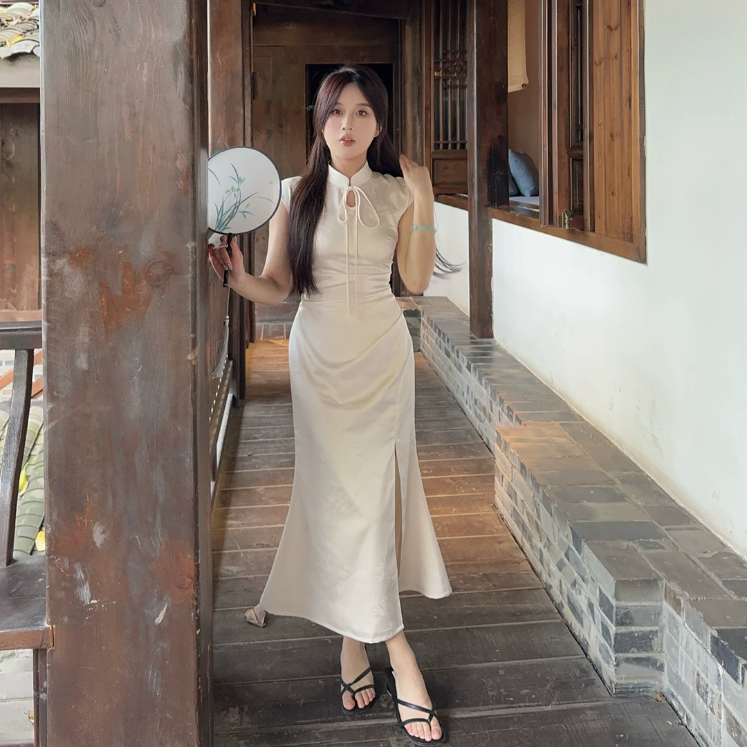 陈江铃小个子自制新中式提花旗袍连衣裙清冷温柔开叉鱼尾旗袍长裙