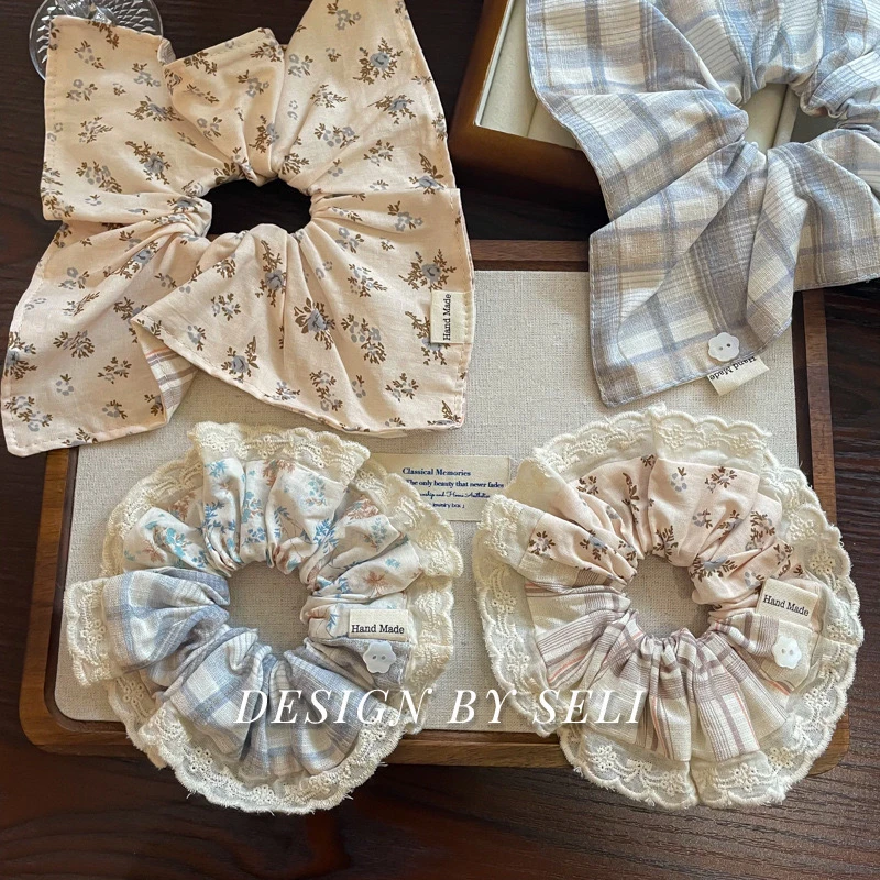 韩系双拼~格纹双拼纽扣气质学院风大肠发圈可爱少女发饰