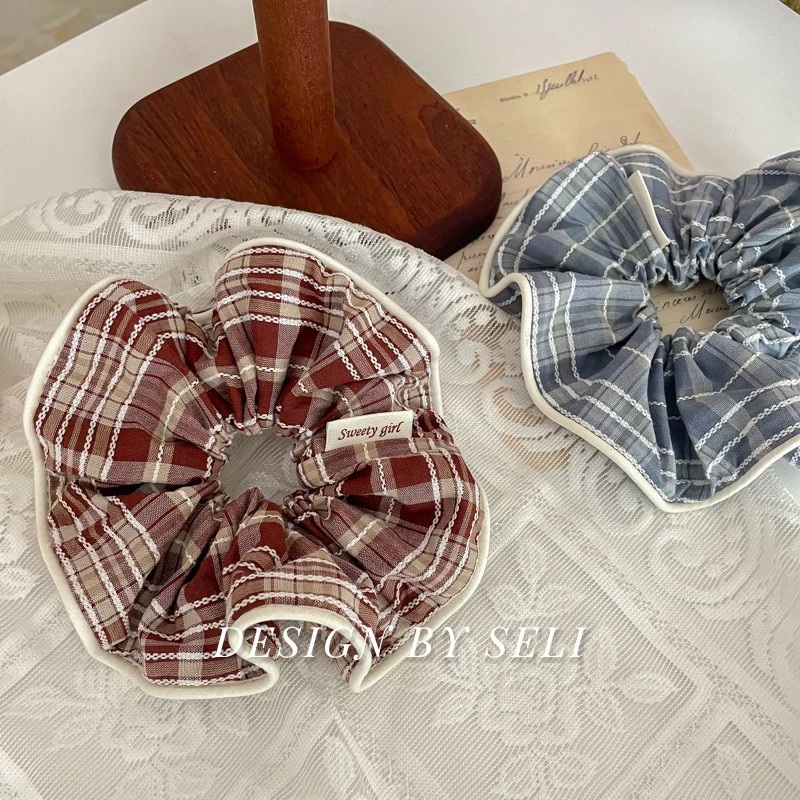 格子发圈~芭蕾复古格纹大肠圈蓝色格子撞色发圈甜妹少女简约