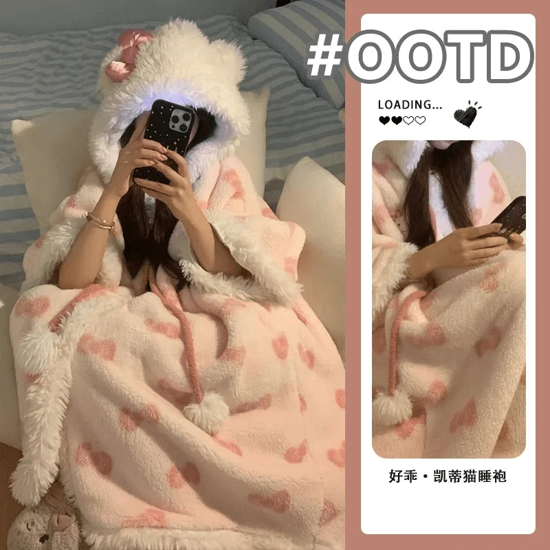 好乖·凯蒂猫睡袍女冬季加厚加绒连帽小个子斗篷保暖珊瑚绒家居服