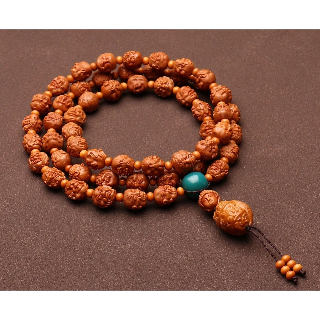 天然龙纹桃核54颗双面108罗汉长串佛珠挂脖文玩小籽雕刻须派