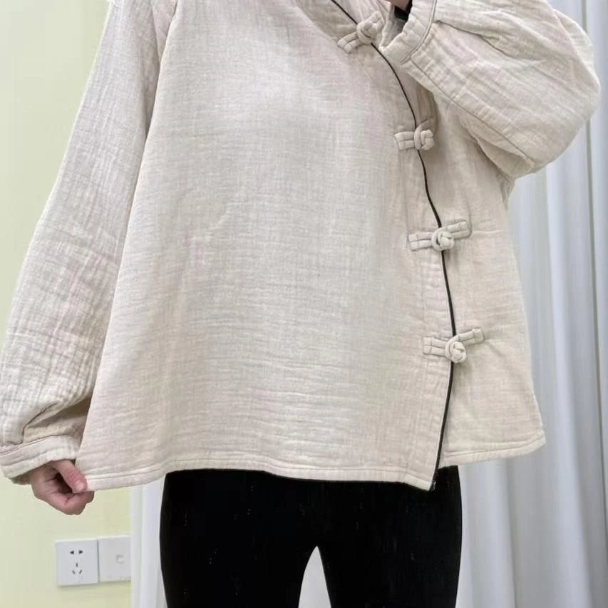 【云目悠悠】秋季汉麻新款女士中式麻本色斜盘扣衬衫-20241242