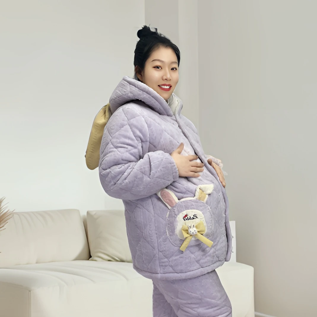 冬季新款女士加绒加厚孕妇装睡衣三层加棉加大连帽居家服套装保暖