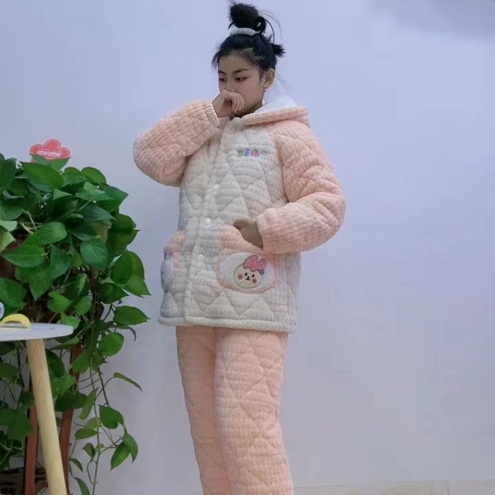 冬季新款-23201加绒加厚女孩大童睡衣三层加棉连帽毛绒家居服套装
