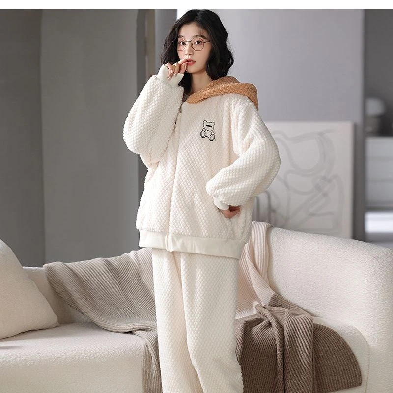 珊瑚绒睡衣女秋冬季加绒加厚洋气宽松简约韩版卡通可爱风可外穿