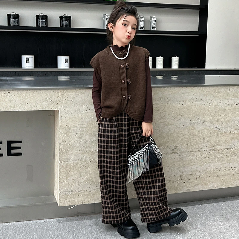 女童春秋装开衫毛衣格子阔腿裤套装2024新款儿童装秋季潮流三件套