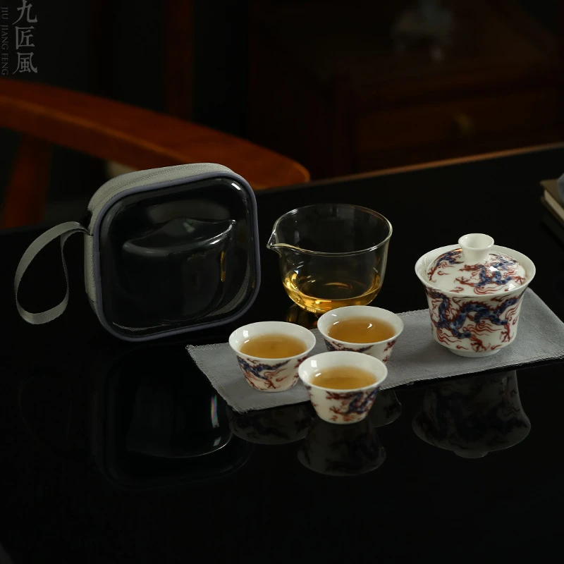 陶瓷旅行便携茶具套装快客户外露营瓷盖碗功夫茶具龙年伴手礼