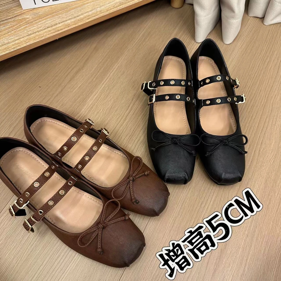 夏季内增高法式复古蝴蝶结浅口芭蕾舞鞋女外穿2025秋季新款单鞋