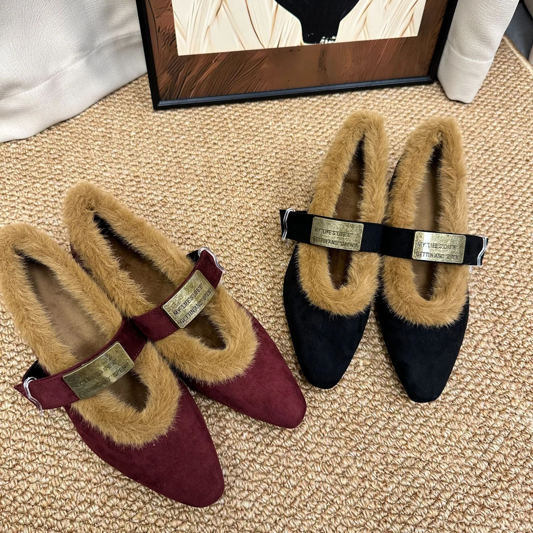 秋冬新款【内增高5厘米】玛丽珍单鞋2024法式尖头小个子加绒毛毛鞋