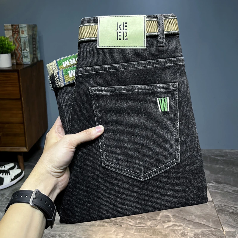 高端牛仔裤男士加绒秋冬新款加厚刺绣弹力修身直筒裤印花长裤子男