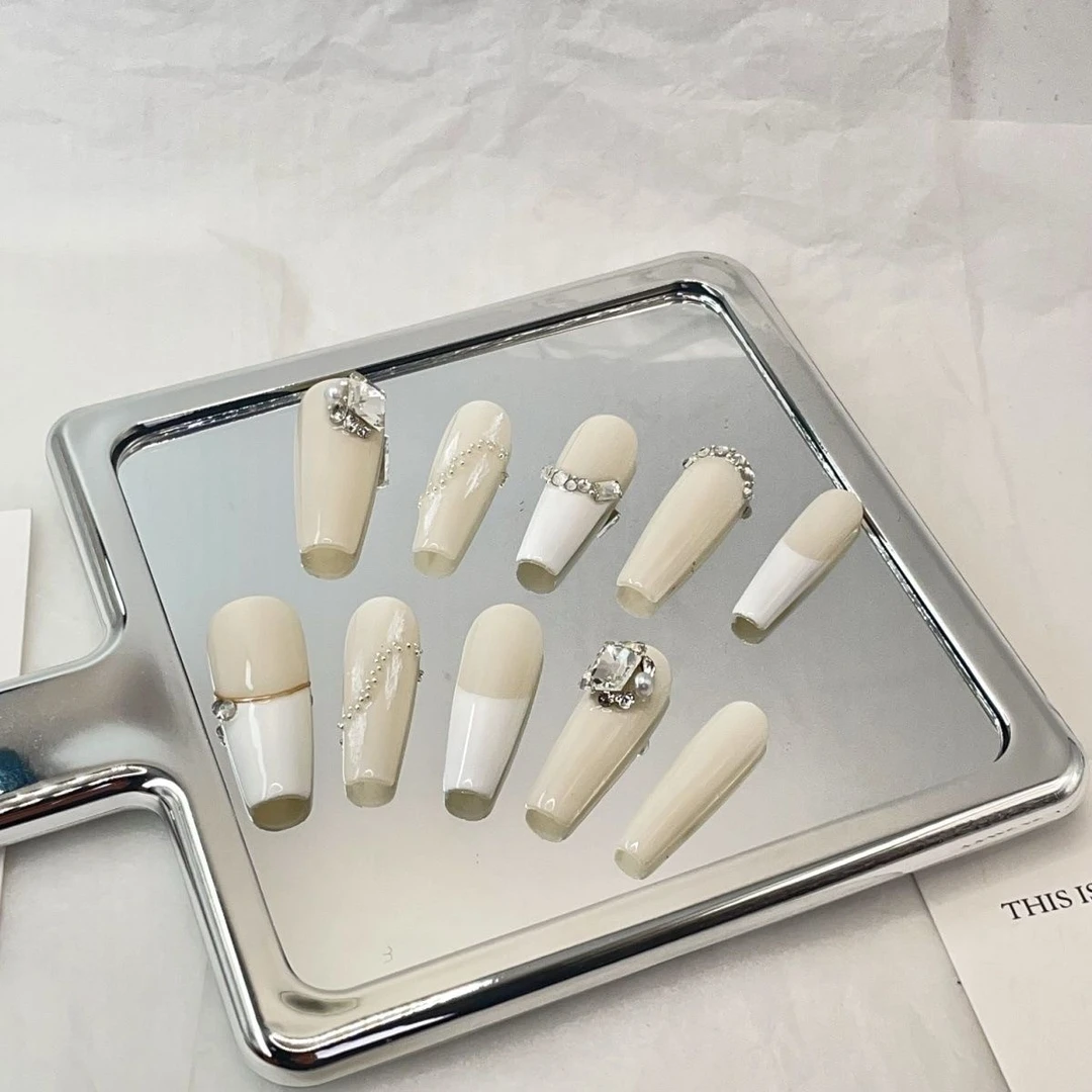 手工穿戴甲长款巴洛克闪钻珍珠显白婚甲孕妇指甲贴可拆卸成品美甲