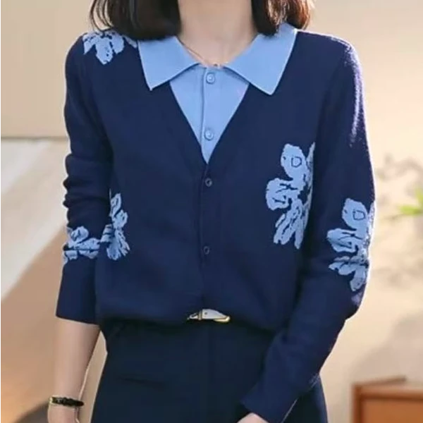 【挚爱蔷薇】歆歆 设计感撞色提花翻领针织假两件开衫女百搭毛衣