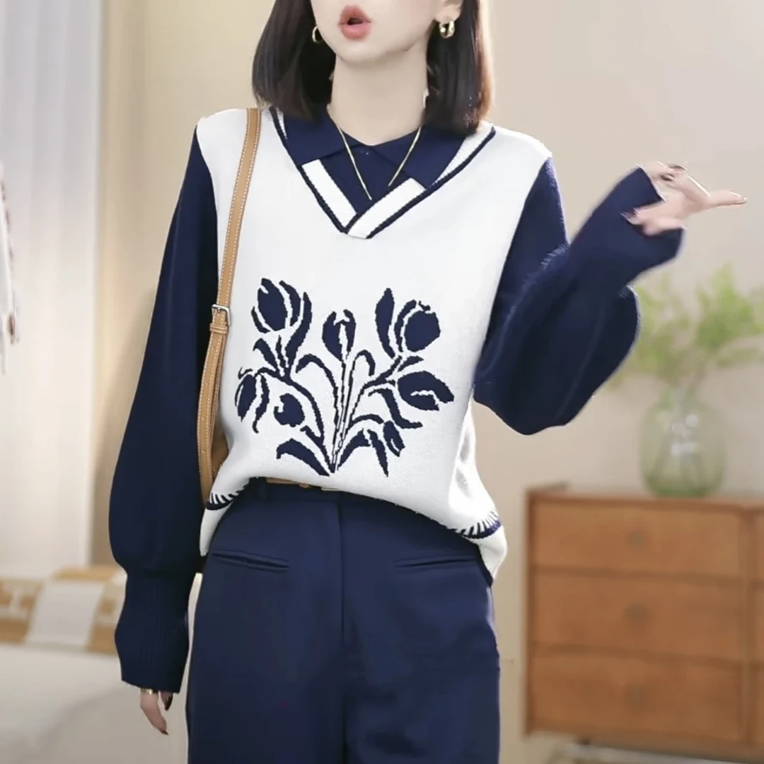 【柏林花事】芙娜 加厚羊角袖假两件设计提花毛衣翻领撞色针织上衣