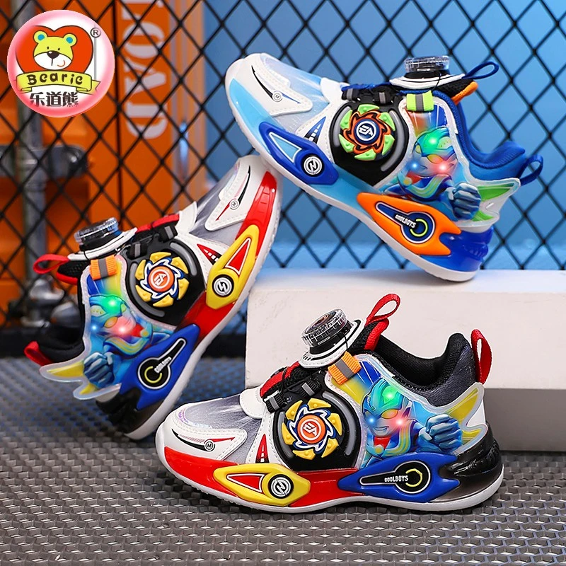 乐道熊童鞋秋冬男童运动鞋超人发光春秋网面冬季皮面加绒软底防水