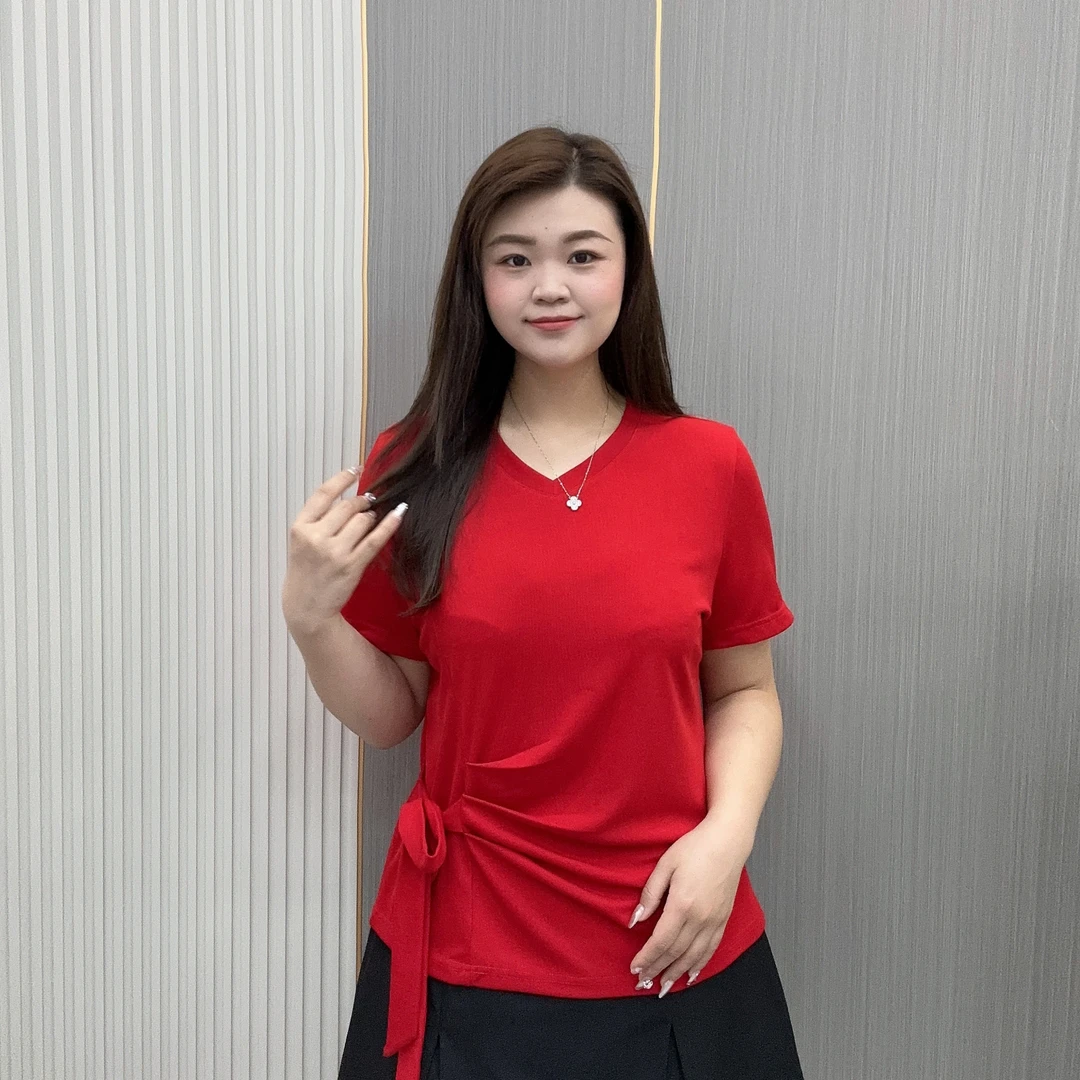 【款号8091】夏季新款胖mm显瘦V领捏褶t恤打底衫
