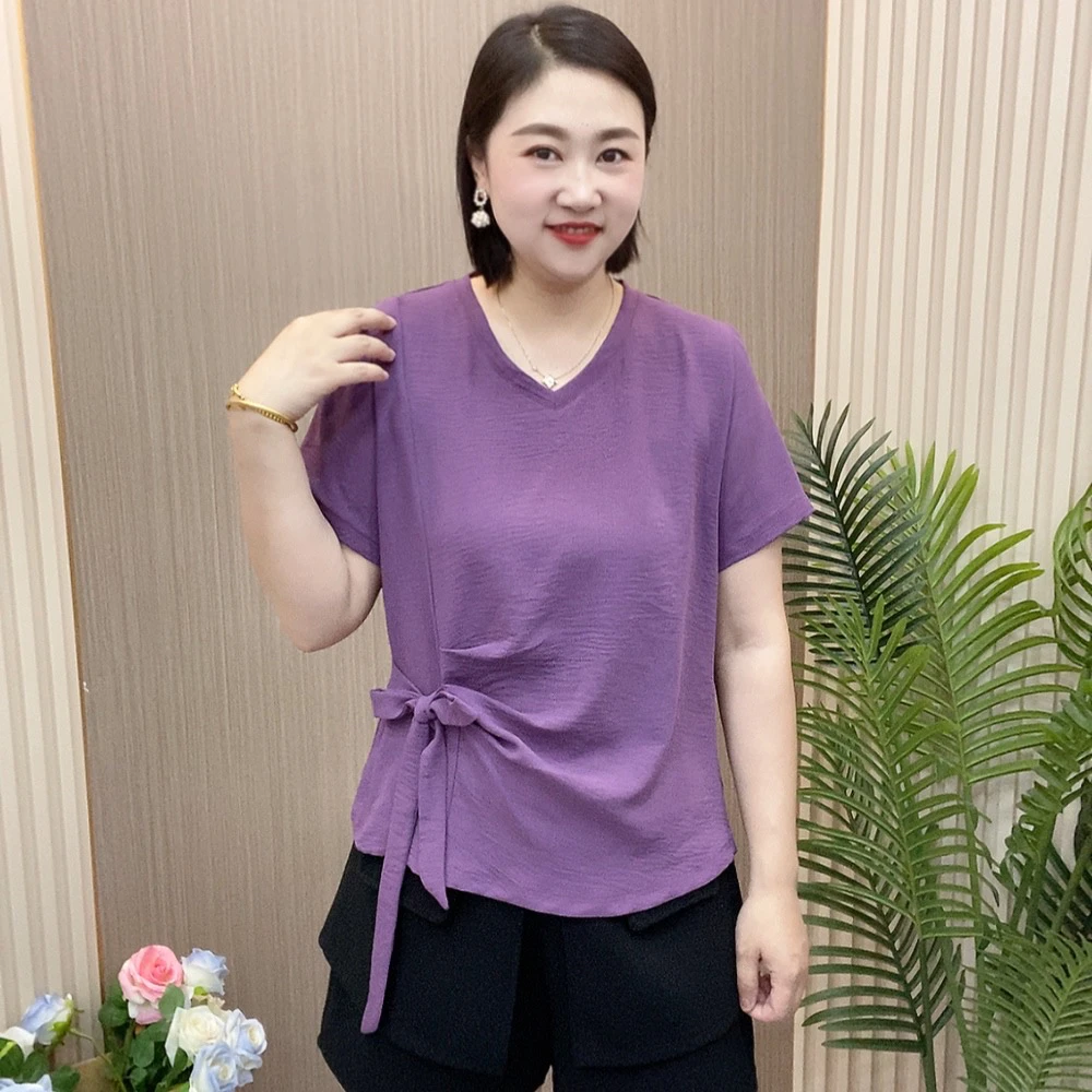 【款号80911】夏季新款显瘦冰丝皱凉爽修身百搭v领大码短袖T恤气质