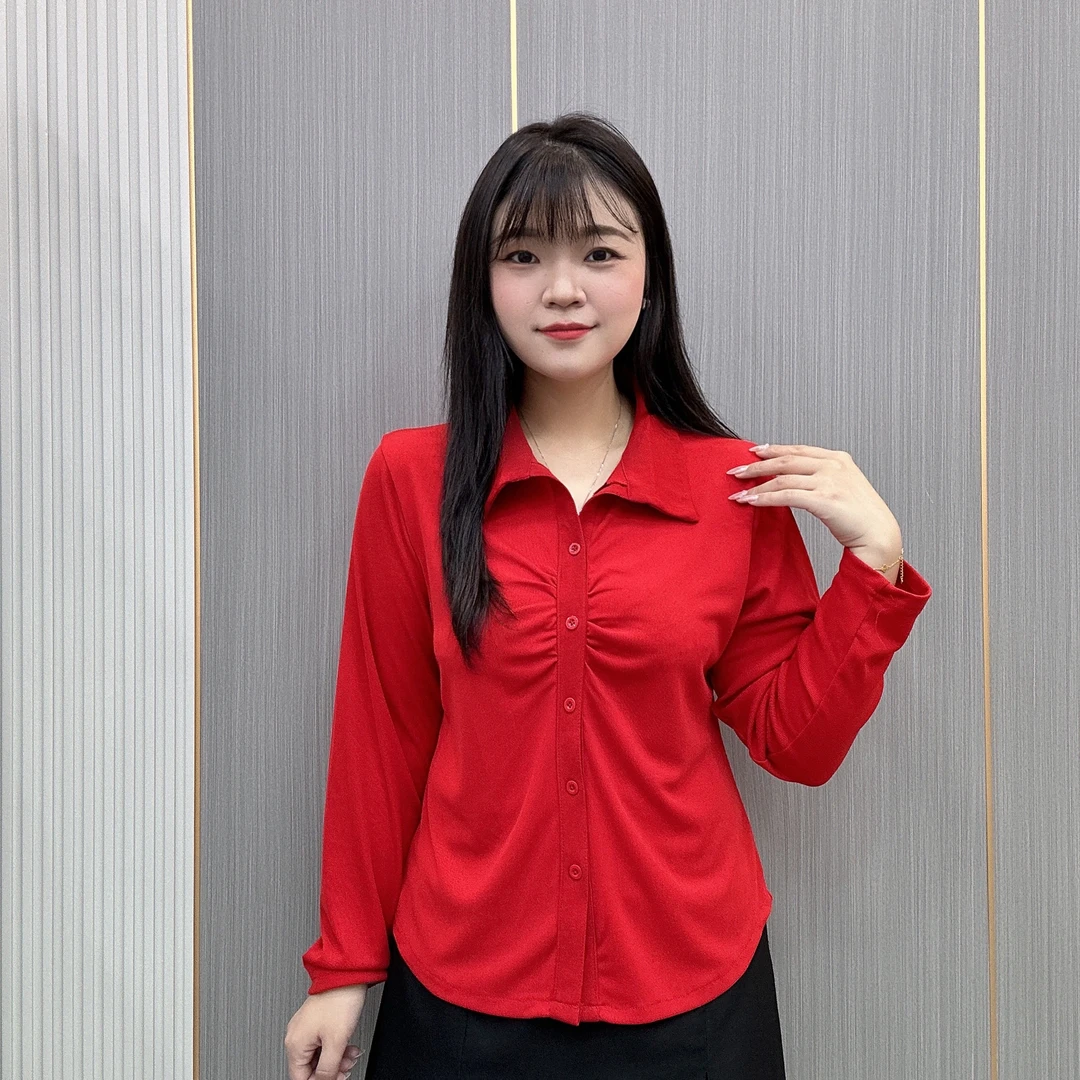 【款号8196】秋季新款捏褶百搭气质衬衫立领大码胖mm显瘦长袖打底衫