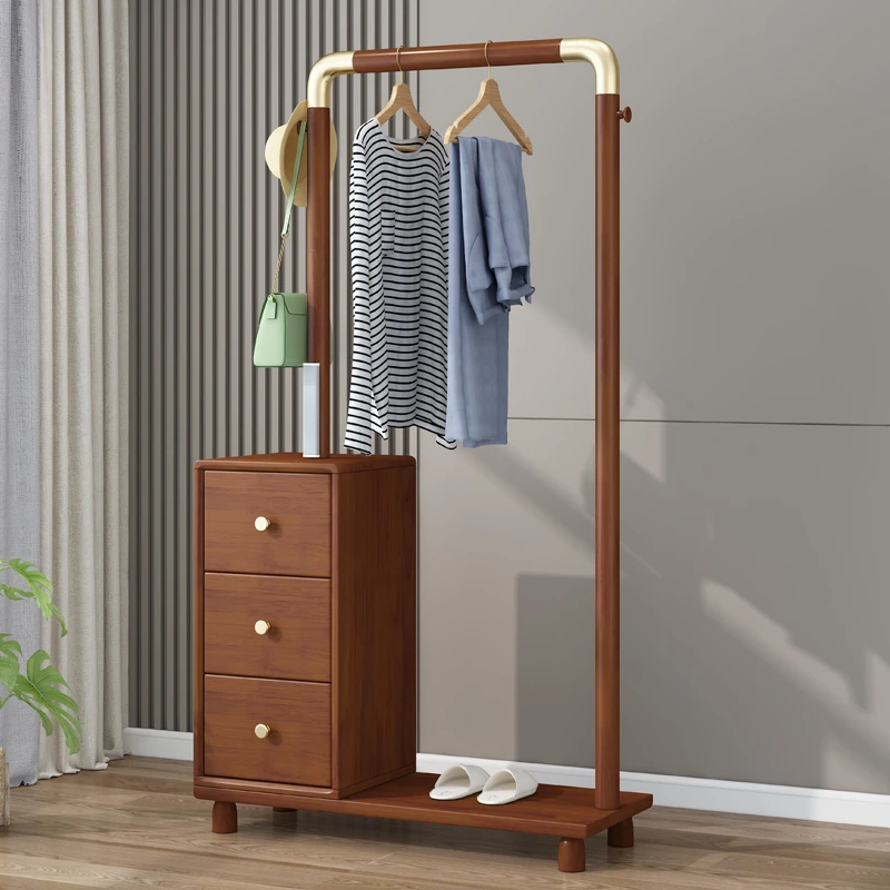 新中式实木衣帽架挂衣架落地卧室储物现代简约挂包简易置物架带灯