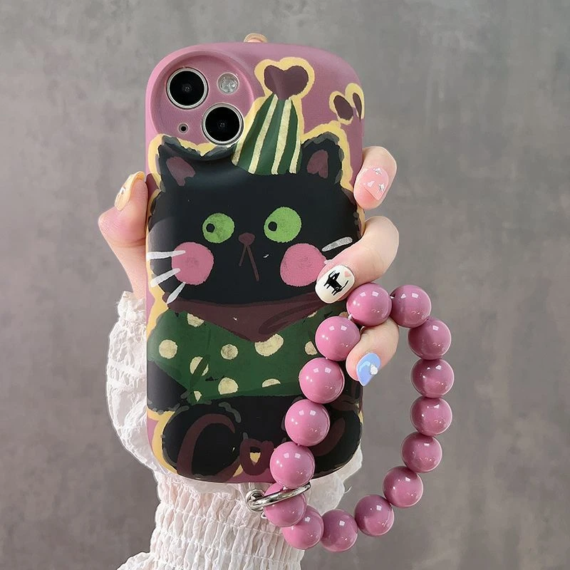 创意涂鸦黑猫适用于iPhone11手机壳苹果14卡通13Promax椭圆15手链