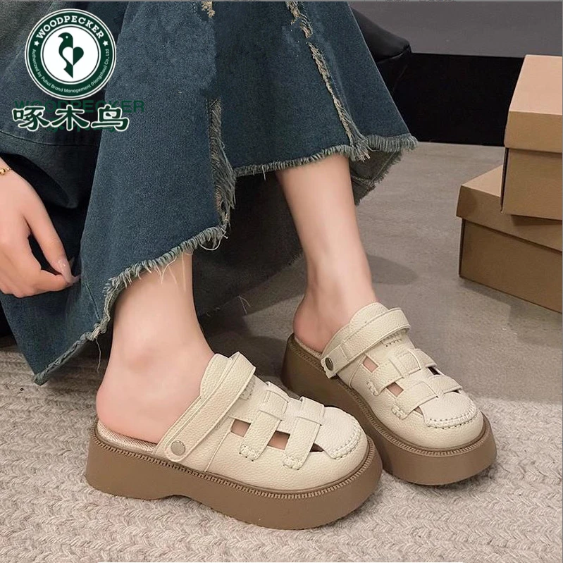 啄木鸟厚底凉鞋女包头拖鞋夏季百搭半拖增高透气玛丽珍罗马鞋
