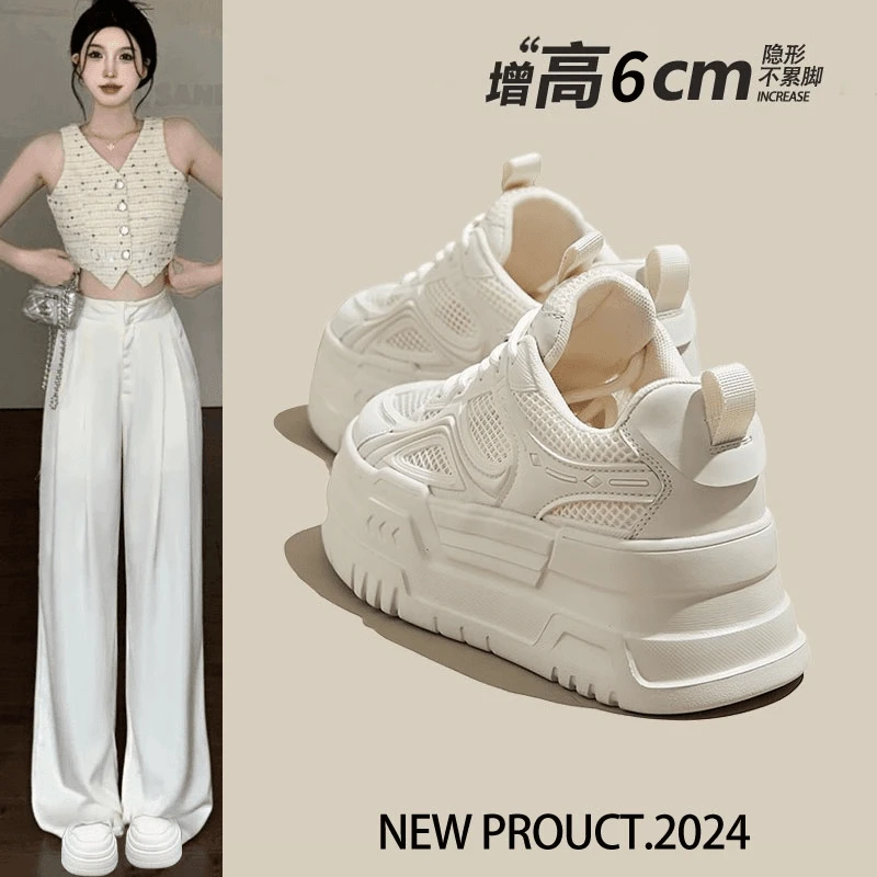 啄木鸟松糕厚底内增高夏天女鞋子新款网面透气小白鞋休闲运动板鞋