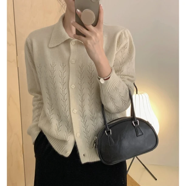 【ian】秋冬新品精致翻领气质镂空绵羊毛开衫